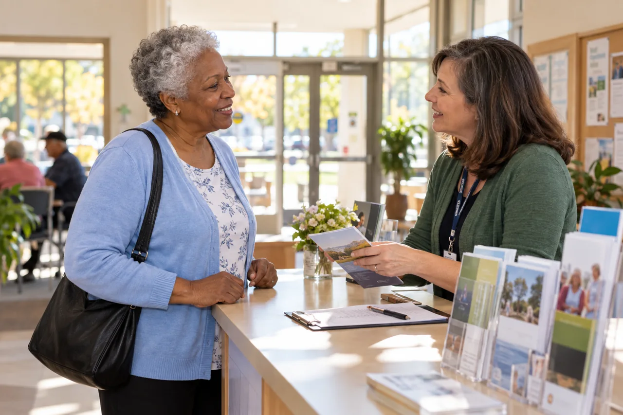 An older adult talking with a volunteer at a community center