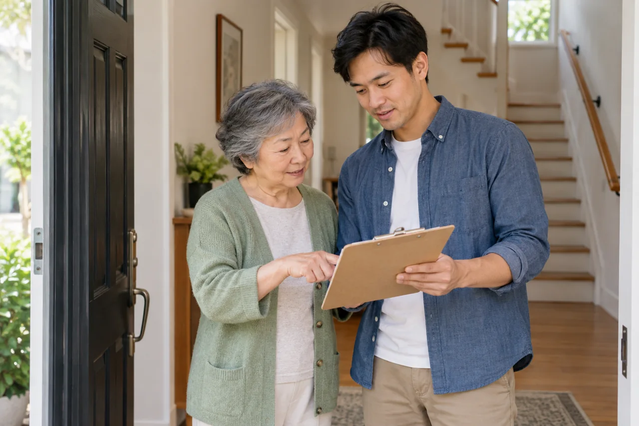 An adult child helping an aging parent plan to stay at home