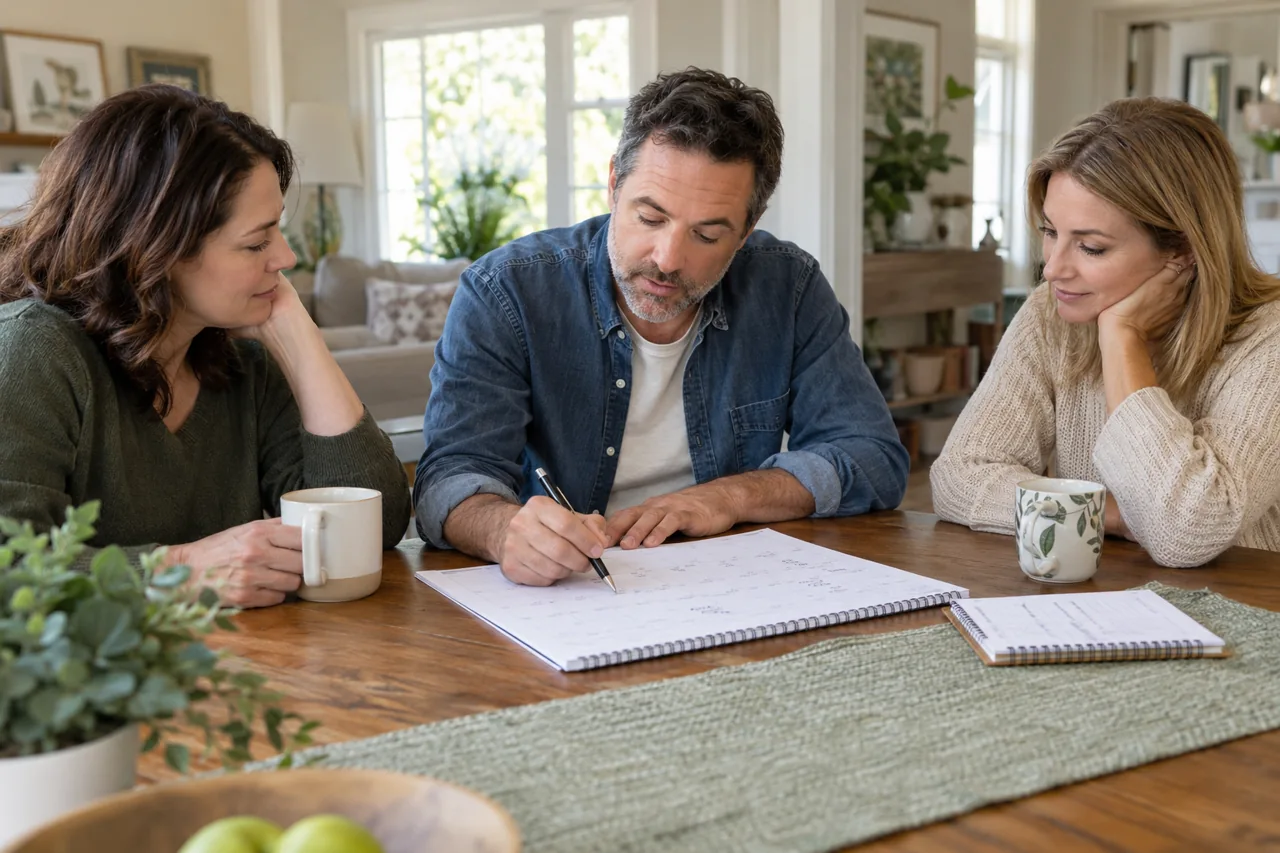 Adult siblings organizing family responsibilities around a table