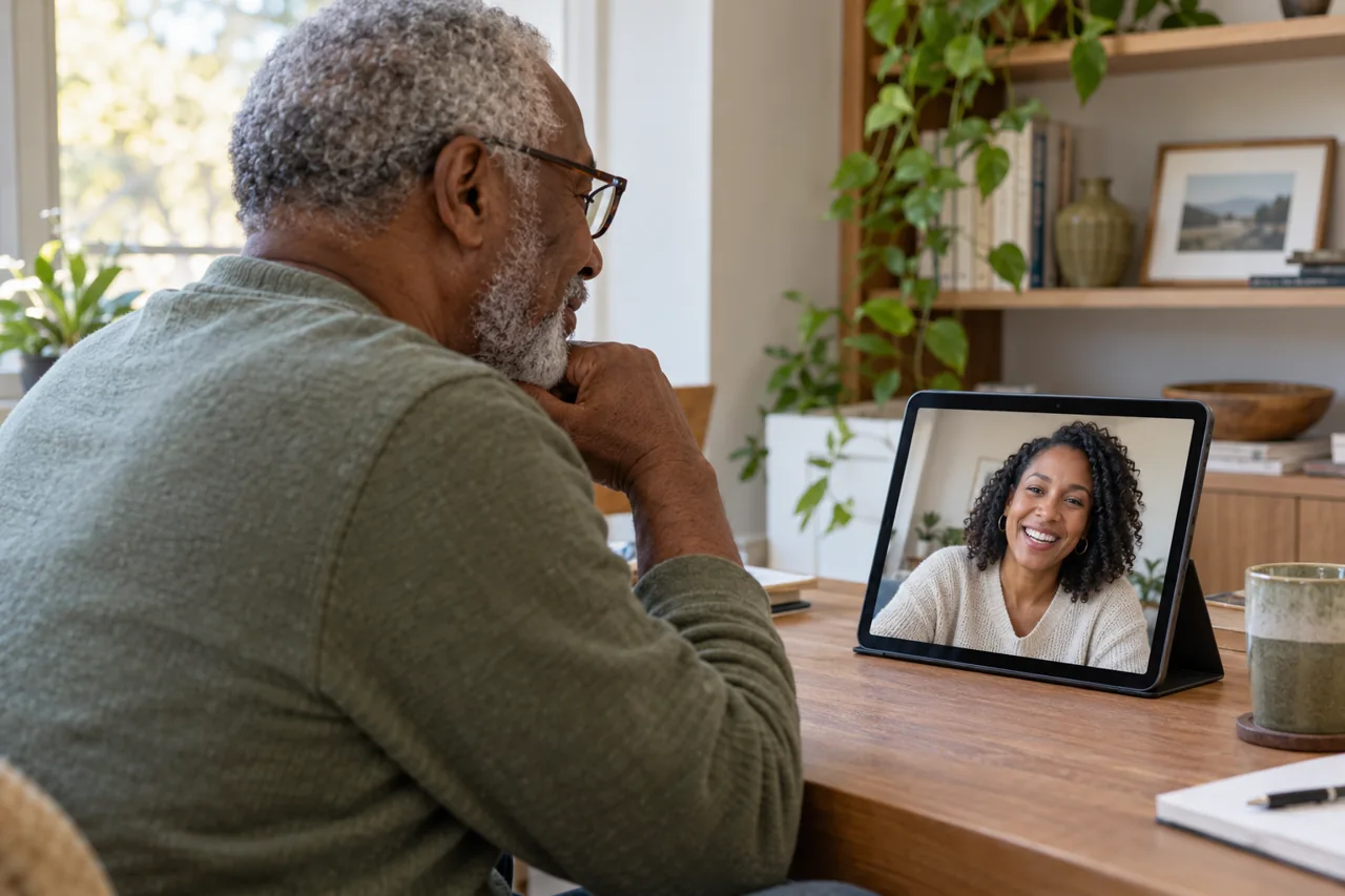 An adult child on a video call with an aging parent in Buffalo