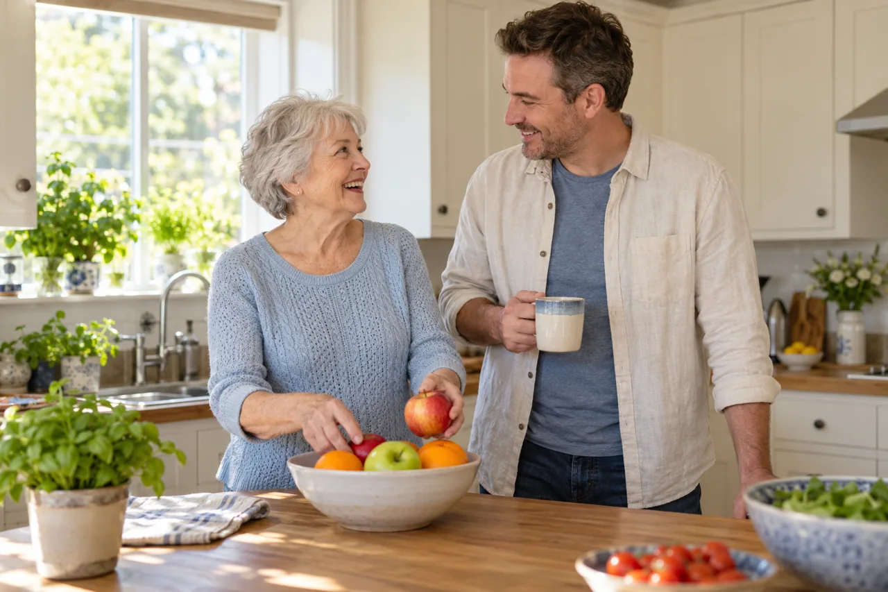 An older mother and her adult son preparing lunch in a bright kitchen