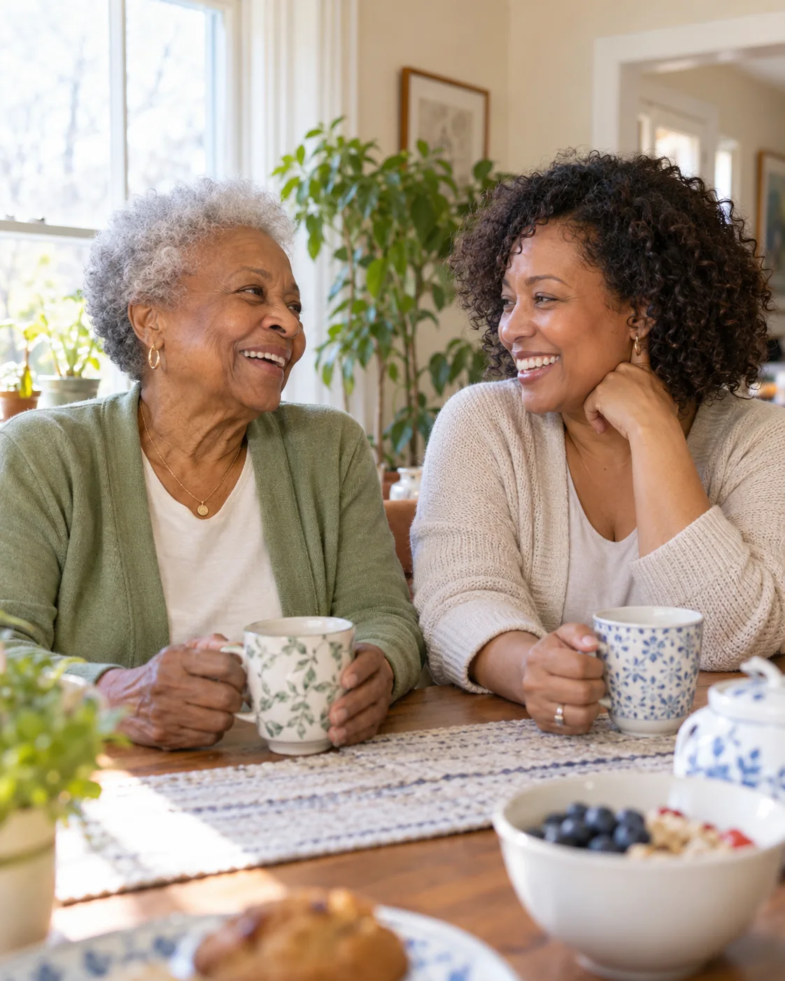 An older mother and her adult daughter enjoying tea at home